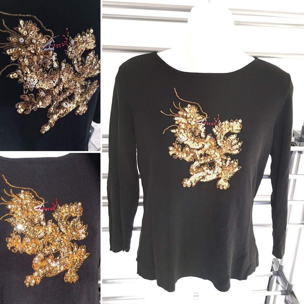 Gold Dragon Sequin Sparkle Ornate 3/4 Sleeve top